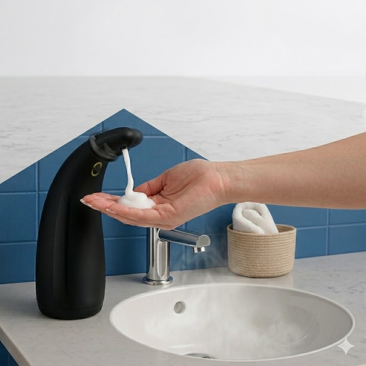 Dozator sapun automat RUHHY, senzor miscare, capacitate 300 ml, 22 x 14 x 7 cm, ABS, Negru