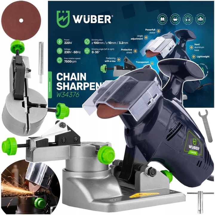 Ostrzalka pentru lanturi Wuber 220 W, constructie solida, design ergonomic, transparenta, accesorii fierastraie cu lant