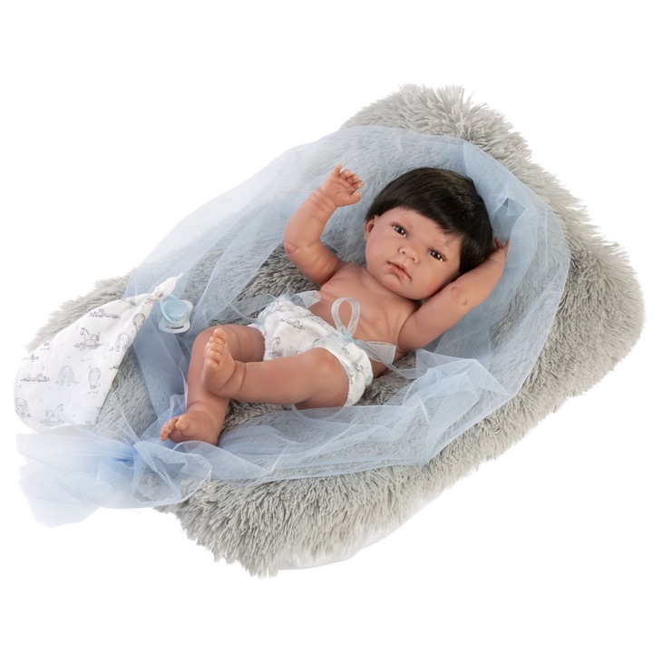 Papusa Llorens Nico 40cm, vinil, set cu hainute, perna si suzeta