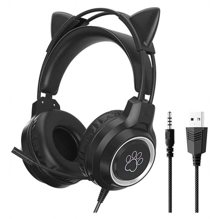 Gaming fejhallgató mikrofonnal, LED, macskafülek, fekete