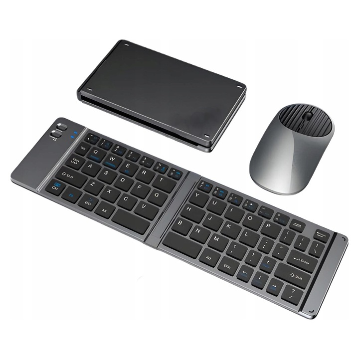 Set tastatura pliabila si mouse wireless Bluetooth Smart-Tel, gri, dimensiuni compacte