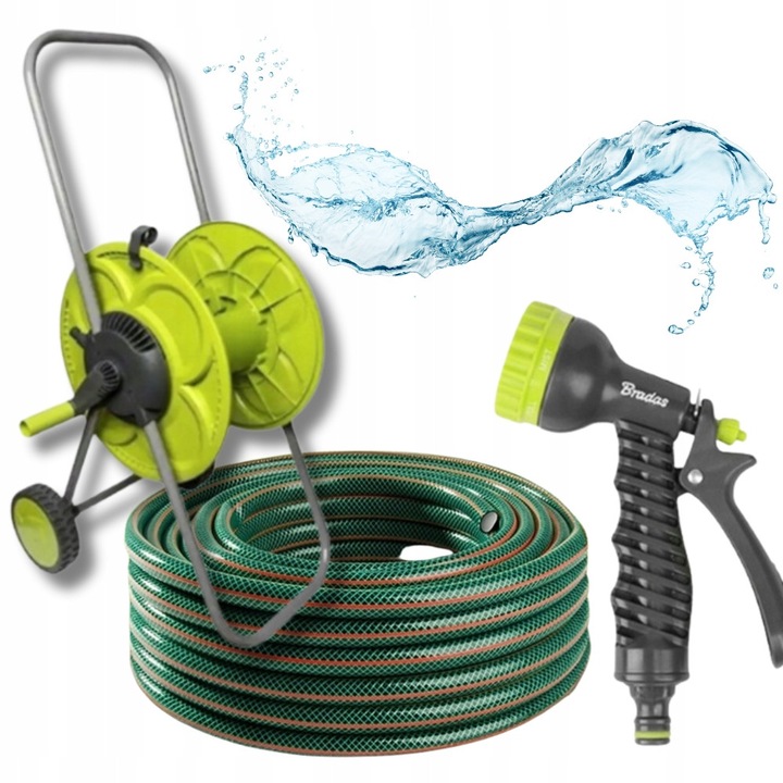 Kerti tömlőkészlet keréken, 30m, 3/4", 7 funkciós szórópisztoly, tartozékokkal.
