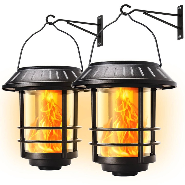 Set 2 Lampi Solare de Exterior cu Efect Flacara Realista, Design Retro Elegant, Protectie IP65, Negru