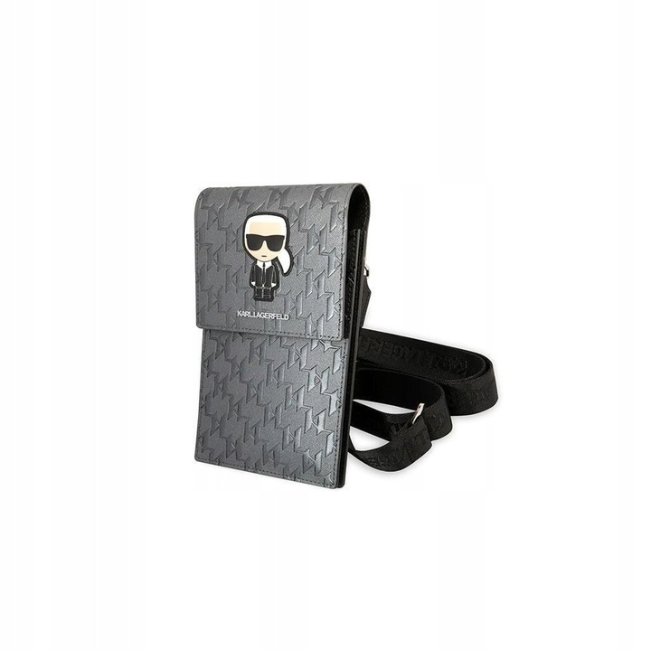 Telefon táska, Karl Lagerfeld, Monogram Ikonik Patch, 2 rekesz, 3 kártyatartó zseb, ezüst, 18,5x11,5x2cm