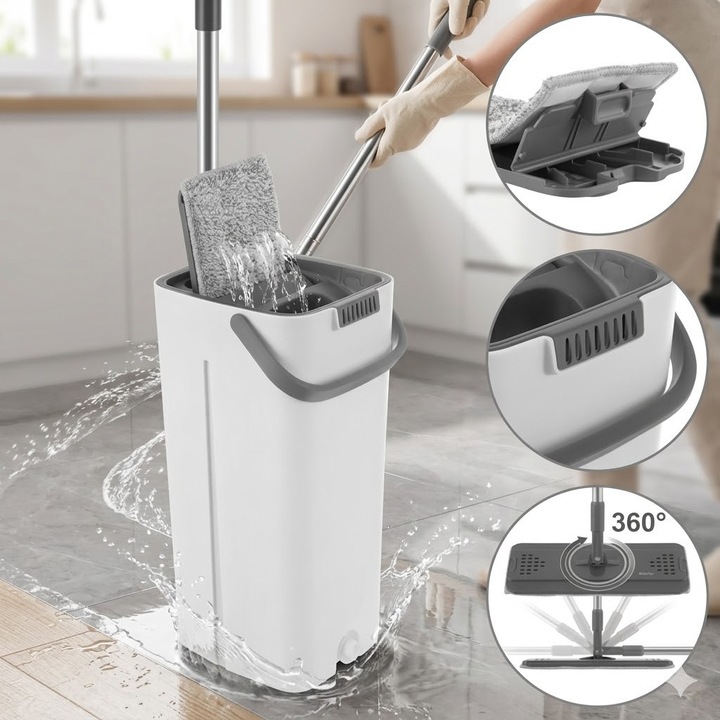 Set mop cu galeata cu doua compartimente 8.5 litri RUHHY 27231, 3 lavete incluse, maner 123 cm, rotire 360 de grade