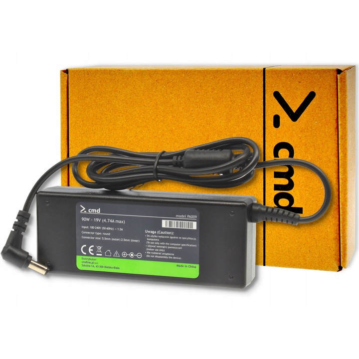 Cmd 90W laptop töltő, 19V, 4.74A, fekete, 124.5x48.5x29mm