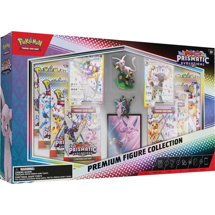 Pokemon TCG: Zestaw Premium Figurine Evolutii Prizmatice, 11 boostere, 2 carti promo, multicolor, pentru copii de la 6 ani