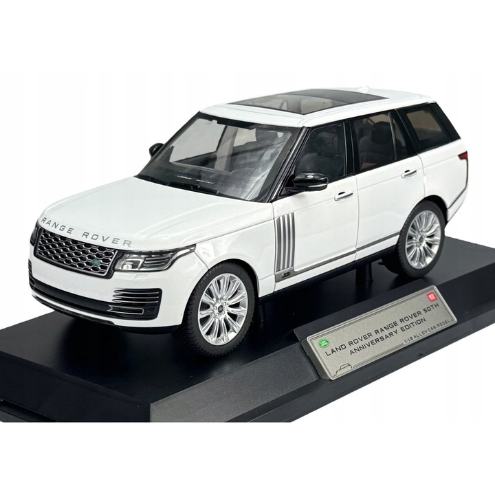 Fém autómodell Alloy Land Rover Range Rover 50th Anniversary Edition, fehér, 1:18, nyitható ajtókkal és motorháztetővel, méretek 27x11x11cm