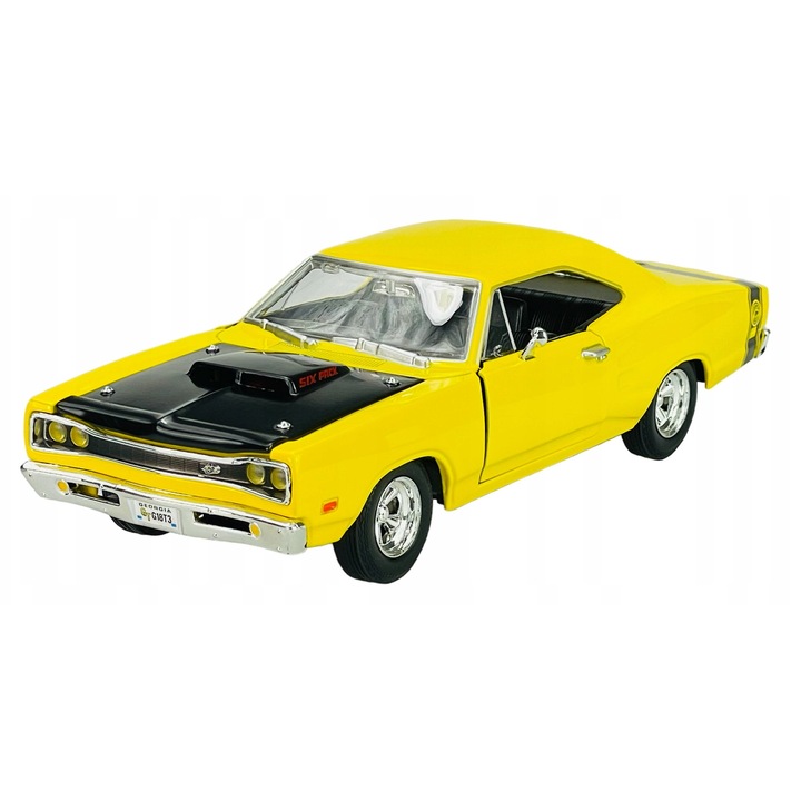 Fém kisautó 1969 Dodge Coronet Super Bee, 1:24, sárga, 19x8cm