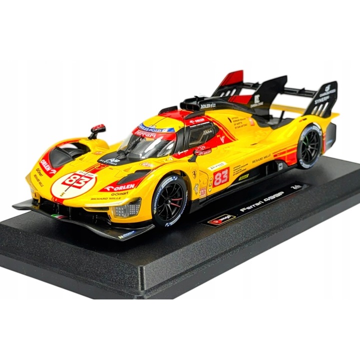 Masina metalica Ferrari 499P #83 Kubica, 1:18, sárga, 27x11,5x6,5cm, gyűjtői készlet