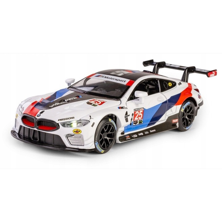 RMZ Hobby BMW M8 GTE 2018 #25 kisautó, fém, 18,5x7,5x9cm, világító elemekkel, 1:32