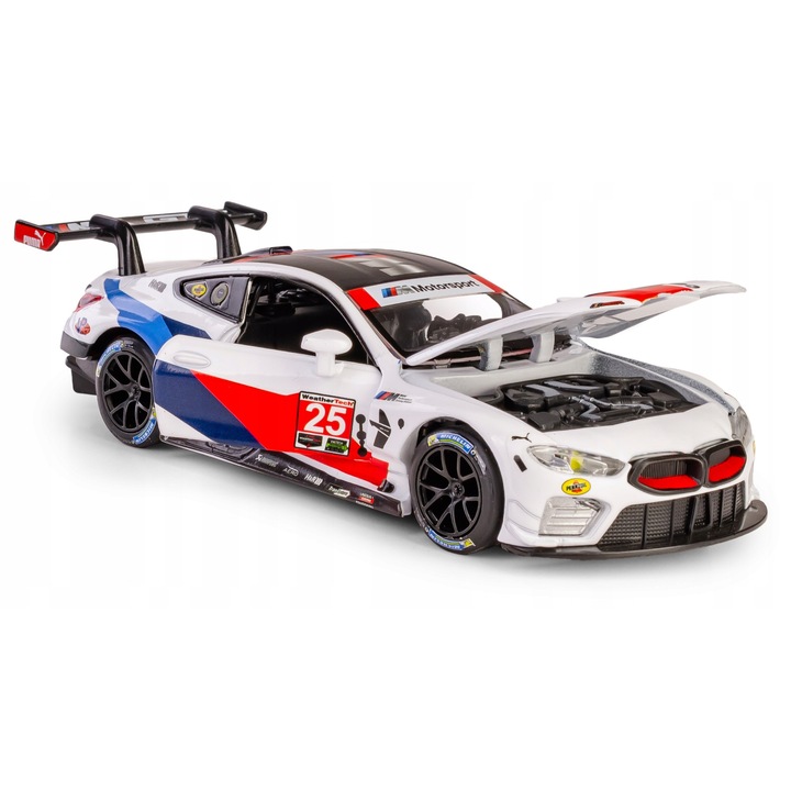 RMZ Hobby BMW M8 GTE 2018 #25 kisautó, fém, 18,5x7,5x9cm, világító elemekkel, 1:32