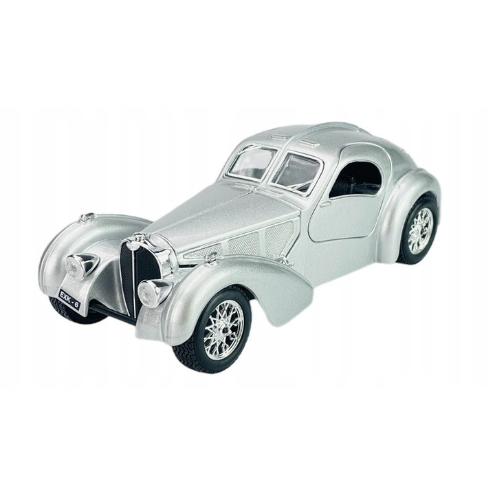 Bburago Bugatti Atlantic modellautó, fém, 1:24, nyitható ajtók és motorháztető, ezüst, 19cm