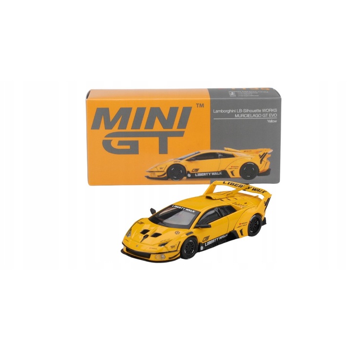 Mini GT Lamborghini Murcielago GT Evo, fém modell 1:64, sárga szín, méret 7,5cm
