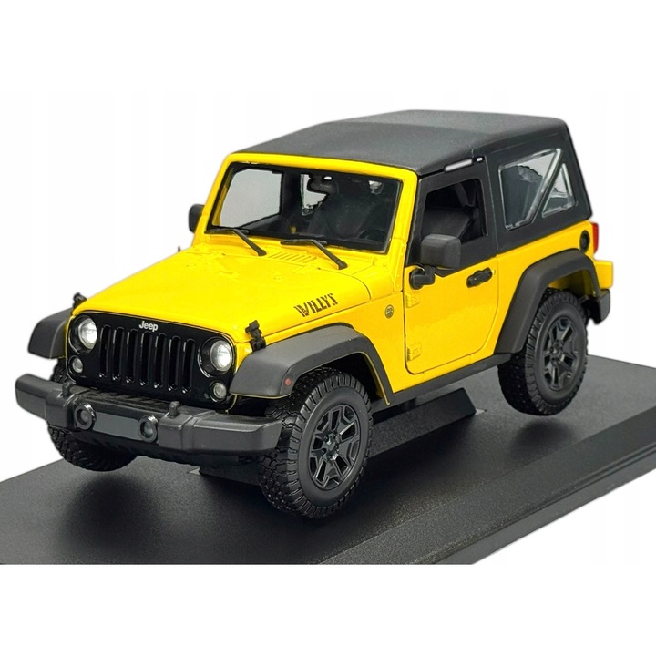 Fém modell Jeep Wrangler Willys 3.6L 2014, sárga, 1:18, készlet kiállítási állvánnyal