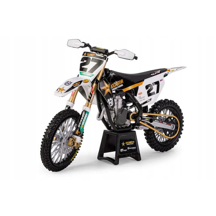 Játék motorkerékpár modell, New Ray, HUSQVARNA FC450 #27 Malcolm Stewart, 1:12, fekete, 17x10x6cm, kiállítási állvánnyal