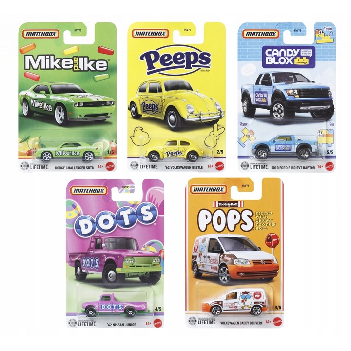 Set 5 masinute Matchbox Candy, Dodge Challenger SRT8, Volkswagen Beetle, Volkswagen Caddy, Nissan Junior, Ford F150, 8x3cm