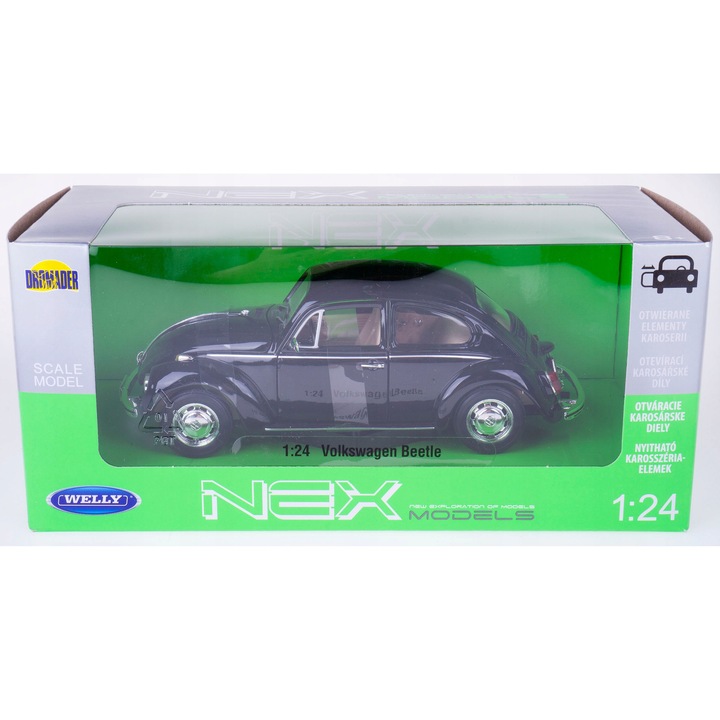 Volkswagen Beetle autómodell 1:24, fekete, 17x6,3x5,8cm, nyitható ajtókkal és motorháztetővel, Welly, gyűjtői darab