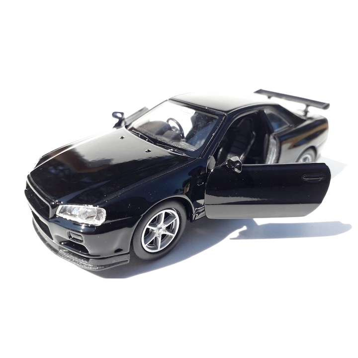 Gyűjtőautó, Welly, Nissan Skyline GT-R, fém, nyitható ajtók, fekete, 11,5x4,5x3,5cm