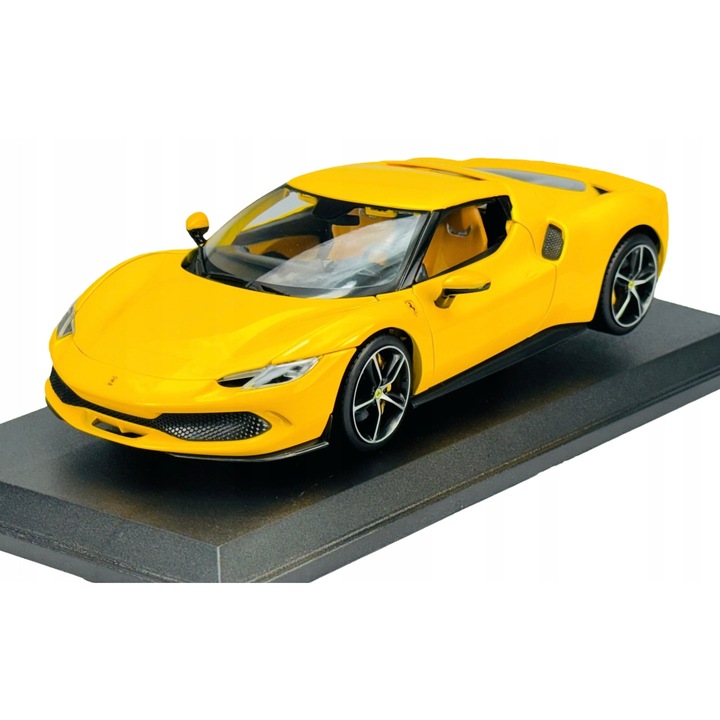 Модел кола Ferrari R&P 296 GTB, 1:18, жълт, 24x11x7см, комплект за излагане BBURAGO