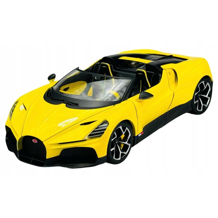 Automacheta Bugatti Mistral modellautó, 1/18, sárga, 26x12x7cm BBurago
