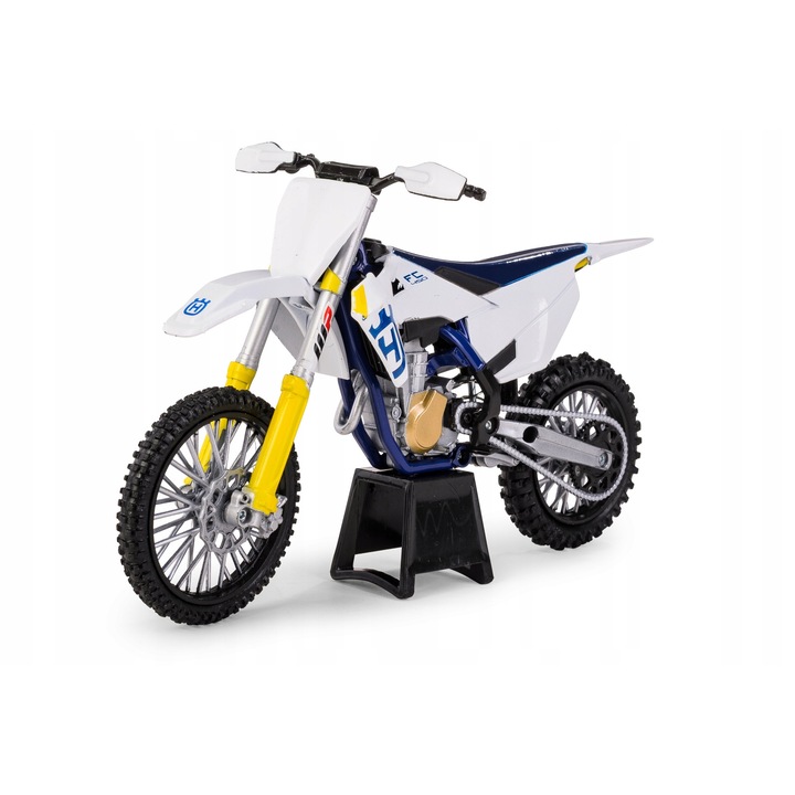 Játék motorkerékpár, Husqvarna FS450, 1:12, fehér, 18x7x11cm, szett kiállítási állvánnyal