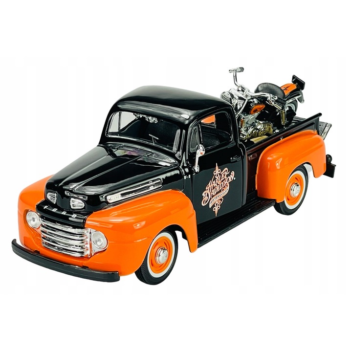 Autómodell szett 1:24 Harley-Davidson FLH Duo Glide 1958 + Ford Pickup 1948 F-1, narancssárga/fekete Maisto