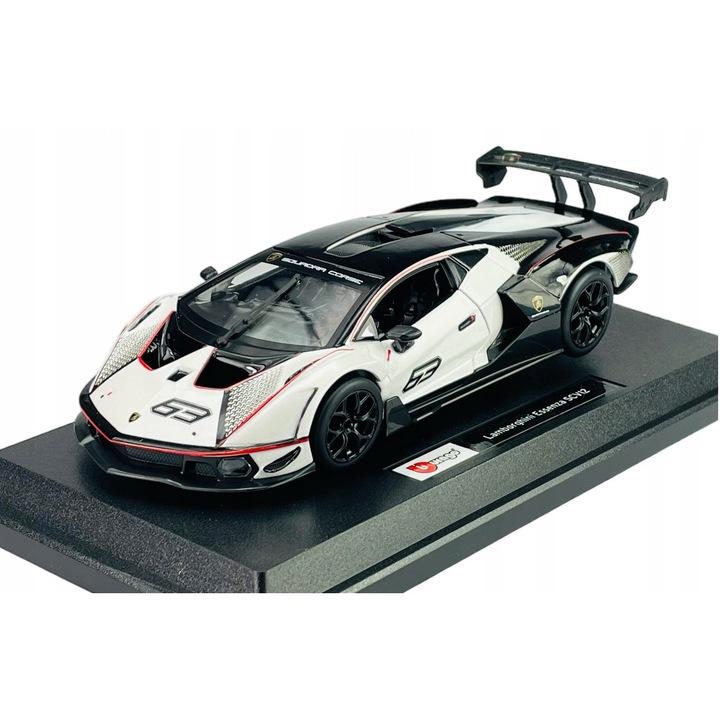 Lamborghini Essenza SCV12 modellautó, 1/24, fehér/fekete, fém/műanyag/gumi, BBURAGO készlet állvánnyal