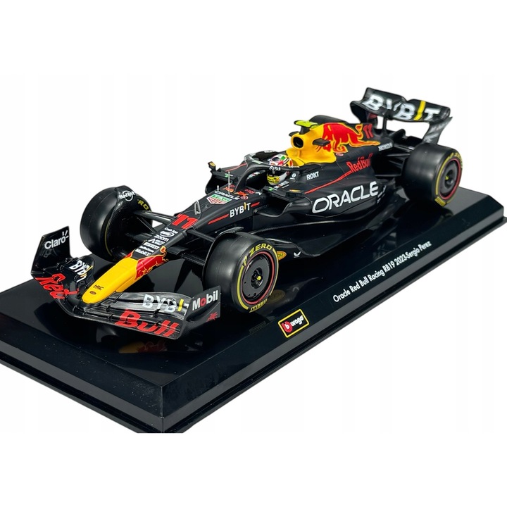 Bburago kisautó, Formula 1 RB19 bolid, Sergio Perez, 1/24, fekete, 23cm, vitrinnel