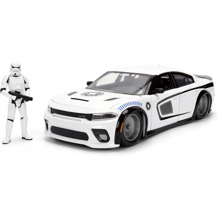 Jada figura szett, Dodge Charger SRT Hellcat 1:24 autóval, Stormtrooper figura, fehér, 20x7cm