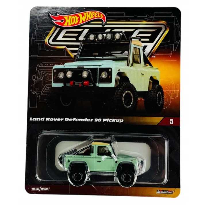 Masinuta Hot Wheels Elite 64 Land Rover Defender 90 Pickup, verde-bleu, roti teren, 1:64