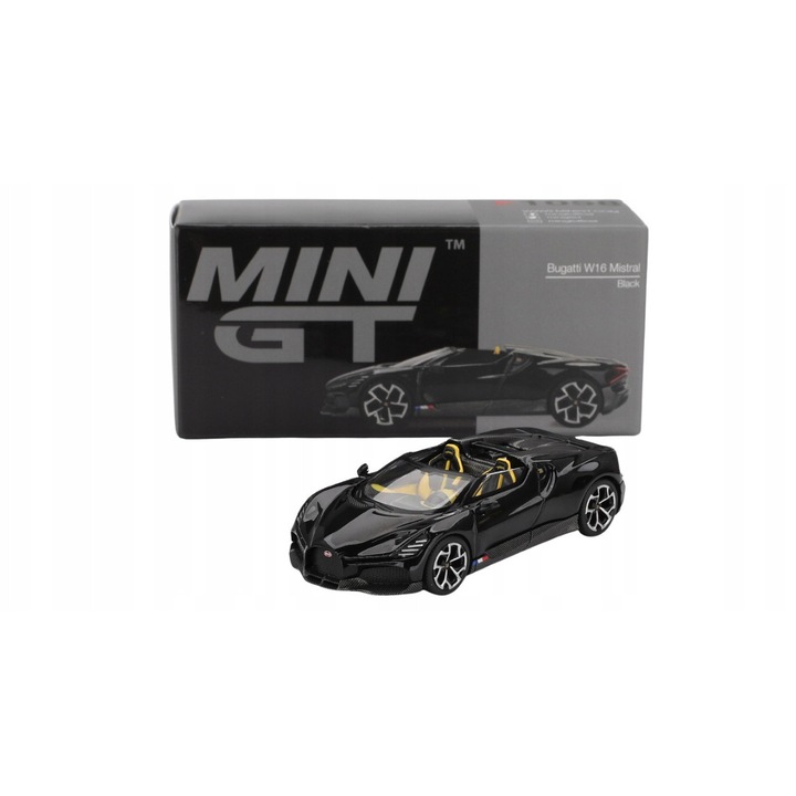 Automacheta Mini GT Bugatti W16 Mistral, 1:64, fekete, 7,5cm