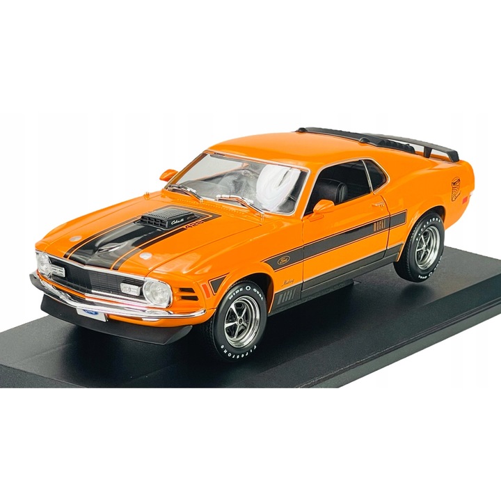 Fém autómodell Ford Mustang Mach 1, 1970, 1:18, narancssárga, 29x33x12,5cm, hivatalosan licencelt, Maisto