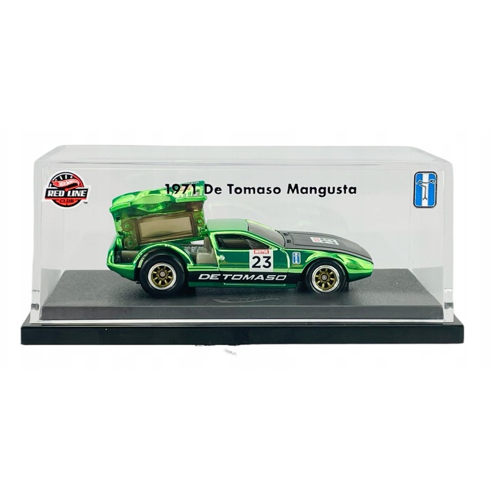 Masinuta metalica Hot Wheels 1971 De Tomaso Mangusta, editie speciala Red Line Club, 8x3cm, cu gablota.