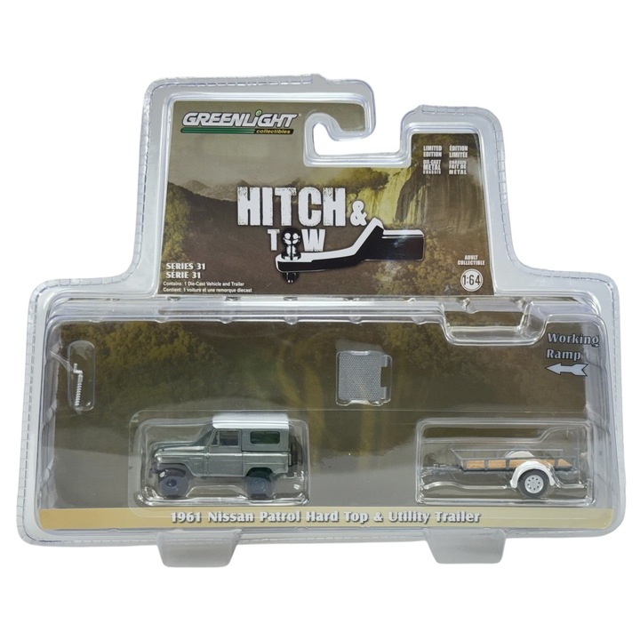 Masinuta metalica 1961 Nissan Patrol Hard Top + remorca utilitara, Greenlight, 9x3cm, editie limitata Raw Chase