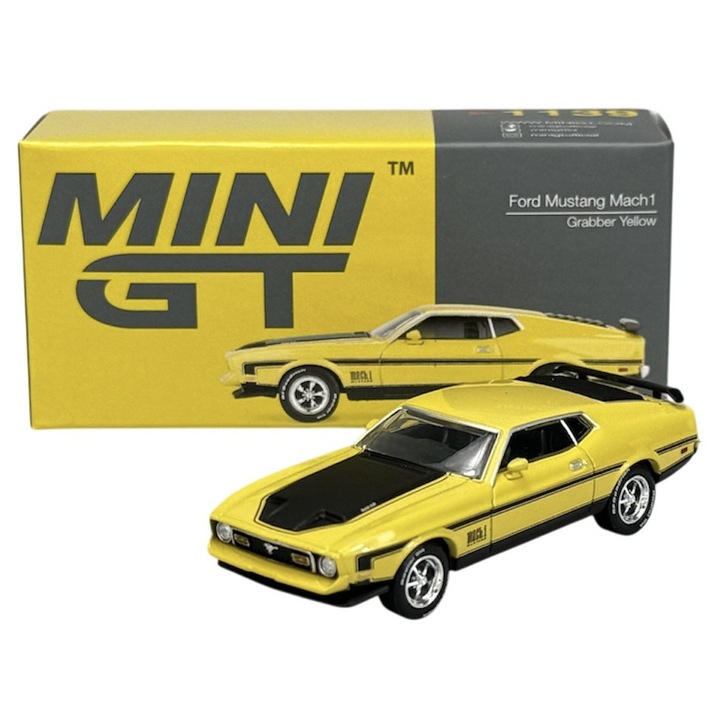 Mini GT 1971 Ford Mustang Mach1, fém modell 1:64, sárga, 7,5cm