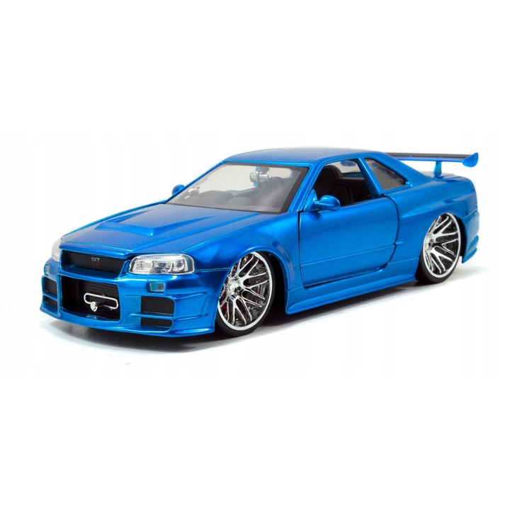 NISSAN Skyline GT-R BNR34 modellautó, Jada Toys, 1/24, kék, mozgatható elemekkel