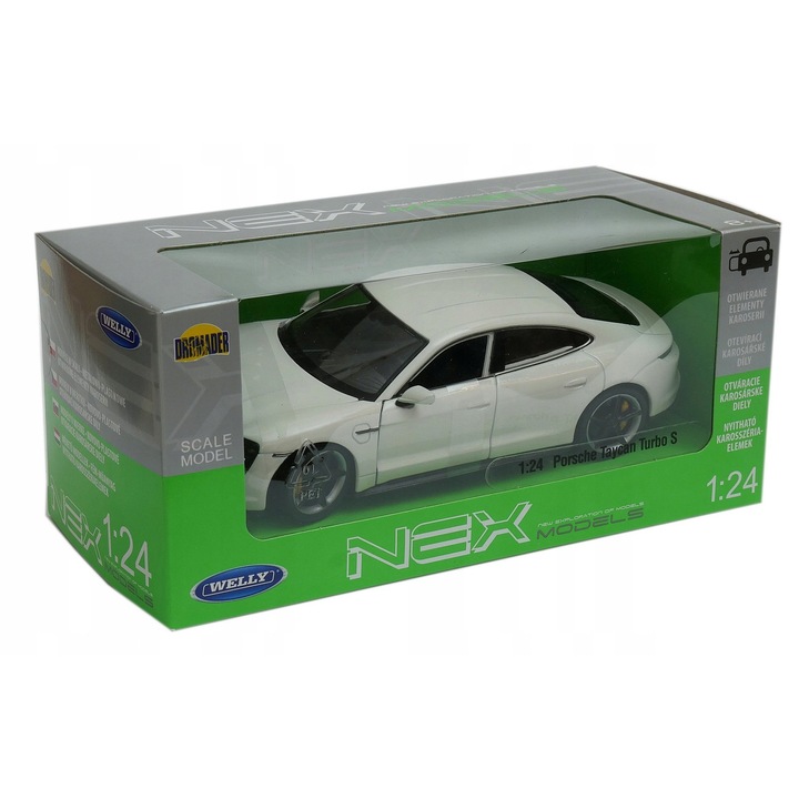 Porsche Taycan Turbo S fém modell, 1:24, nyitható ajtók, gránát színű, méretek 19x8x5,5cm