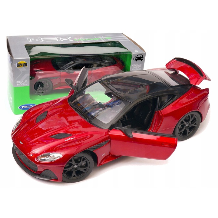 Gyűjtői autómodell, Welly, Aston Martin DBS Superleggera, metálpiros, 19cm, 10x11x23cm