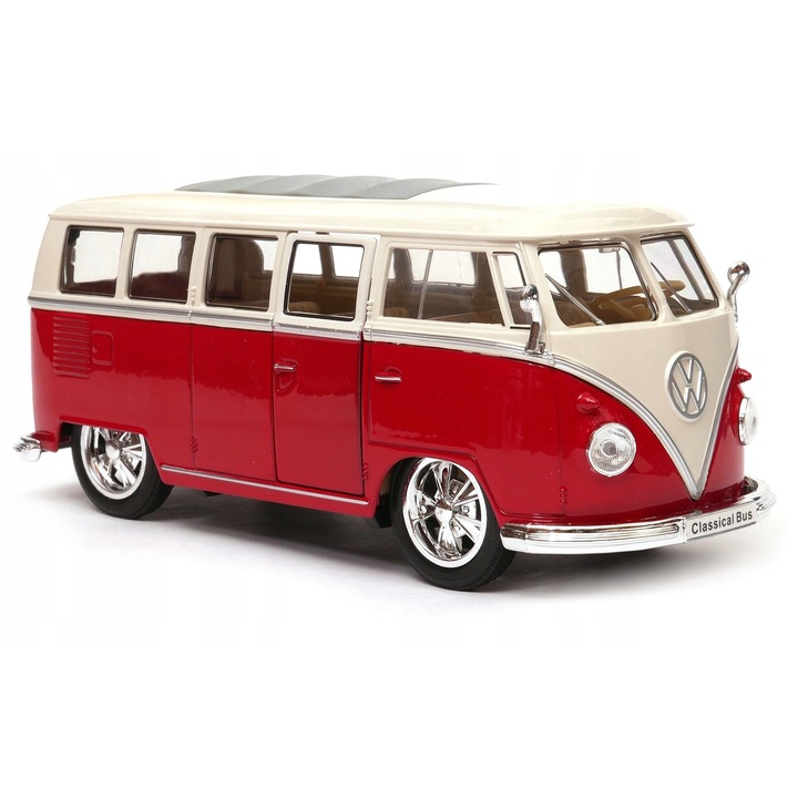 Automobil Welly Volkswagen T1 Bus 1963 1:24 piros, metál, autentikus részletek