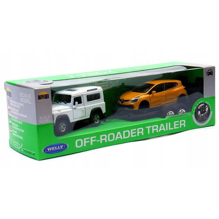Welly autómodell szett, Land Rover Defender és Renault Clio, fehér/sárga, 1:34-1:39, 27x7,8cm