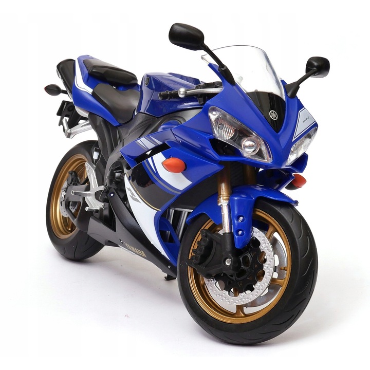Yamaha YZF-R1 motorkerékpár 1:10, fehér/kék, 27x12x16cm, kiállítási állvánnyal