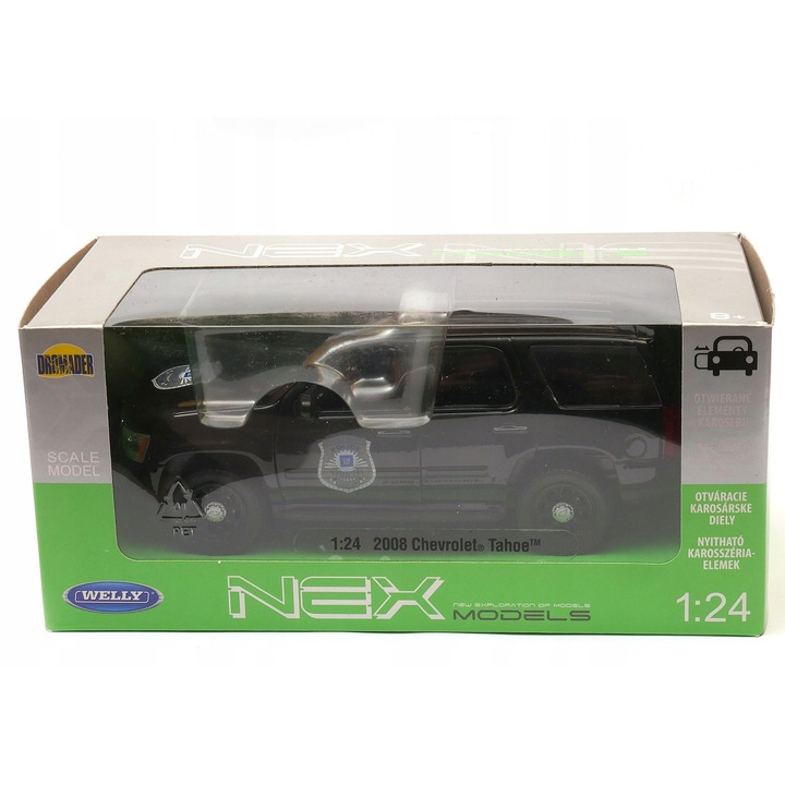 Автомобил Chevrolet Tahoe Полиция 1:24 Welly, метал, 21x8x7,5см, отварящи се врати и преден капак, гумени колела