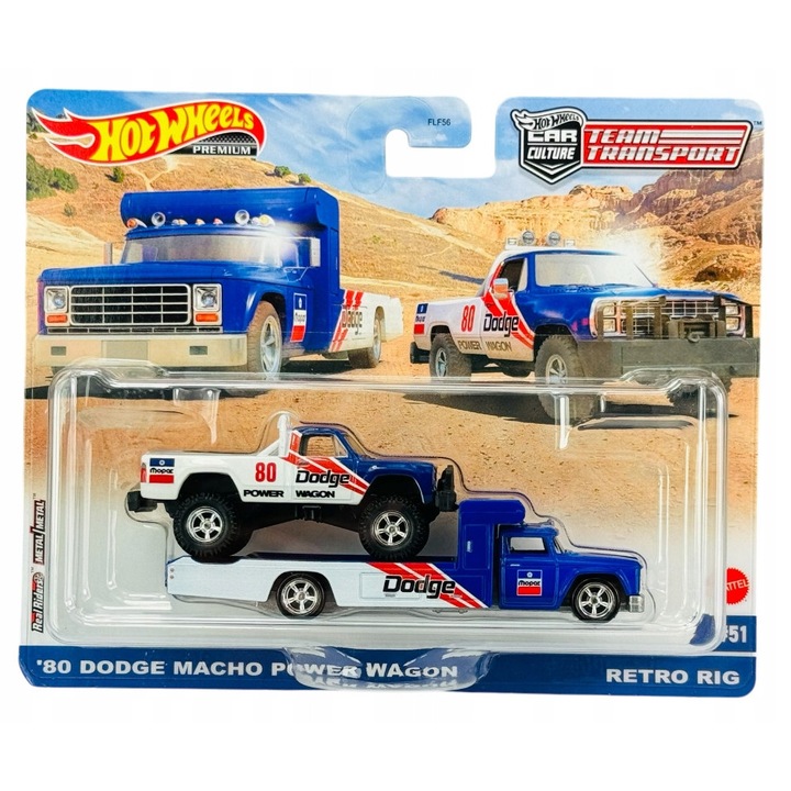 Set masinute Hot Wheels '80 Dodge Macho Power Wagon + Retro Rig #51, 20cm, 1:64, roti din cauciuc