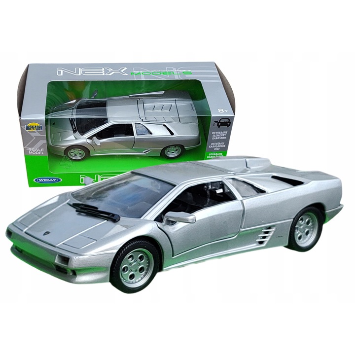 Lamborghini Diablo modellautó 1:24, Welly, nyitható ajtók, fém, ezüst, 19cm