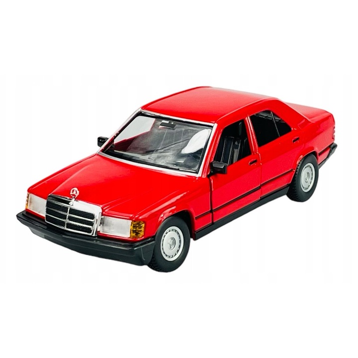 Bburago Mercedes-Benz 190 E 2.6 fém autó, piros, 1:25, nyitható ajtókkal, méretei 17,5x7,3x5,5cm