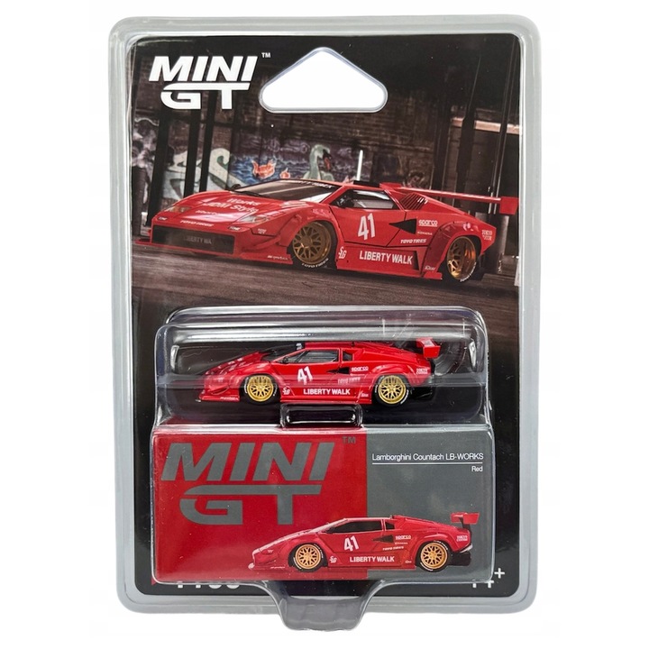 Mini GT Lamborghini Countach LB-Works 1:64, piros, 7,5cm, gyűjthető fém modell