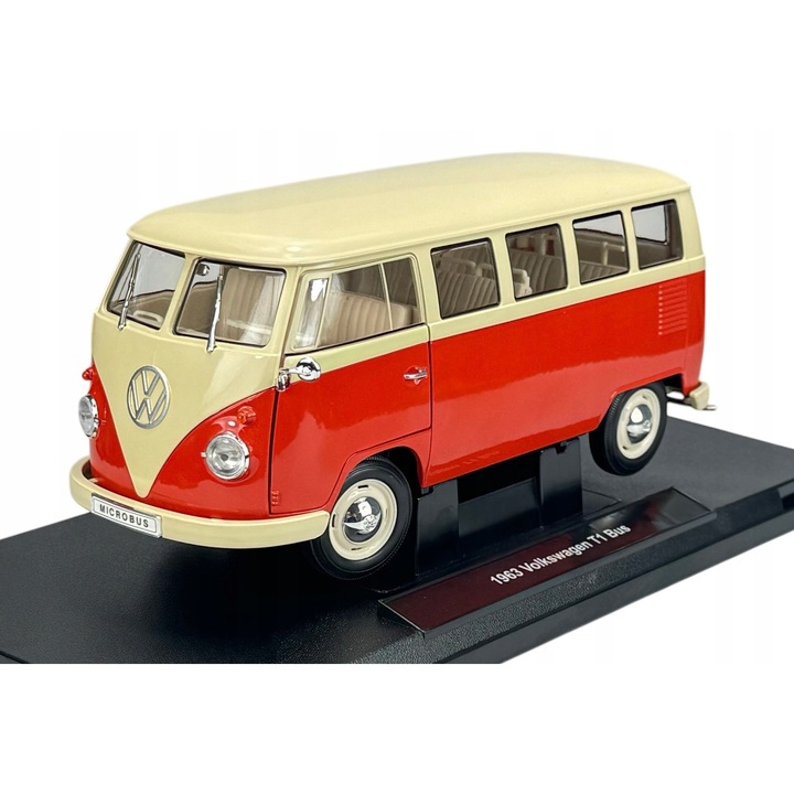 Метална количка Welly Volkswagen T1 Bus, бяло-червена, 1:18, 22x10,5x9см