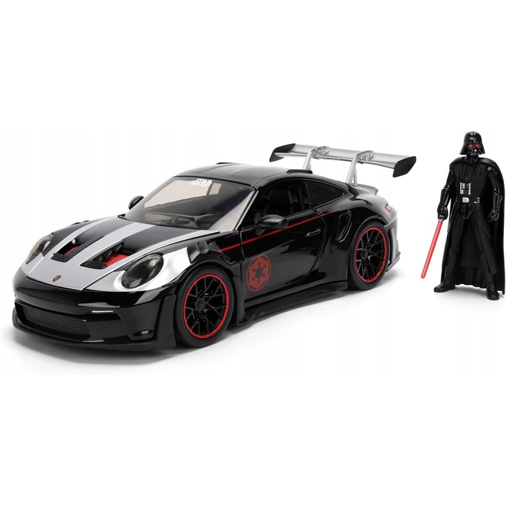 Fém autó PORSCHE 911 992 GT3 RS Darth Vader figurával, 1:24, fekete, 19x7cm, szett