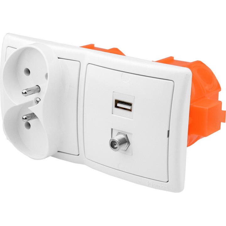 Gniazdo subtire SIMON 1 USB, 1 F, alb, 7,8x7,8x1cm